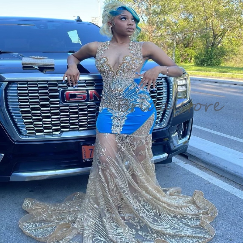 Edgy Blue Prom Dress For Black Girls Plus Size Gold Sequin Mermaid Evening Gowns Illusion Beaded High School Birthday Party Bespoke Occasion 2025 Vest