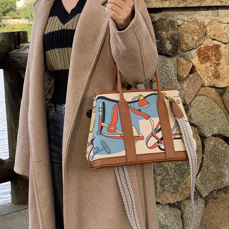 Shoulder Hand Bags Female Bucket Canvas Genuine Leather For Women Fashion 2024 Large Capacity Designer Animal Print Brown