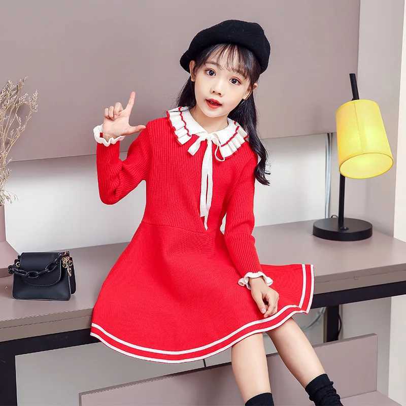 Autumn childrens warm sweater girls casual solid color pleated princess dress girls winter knitted dress W250326