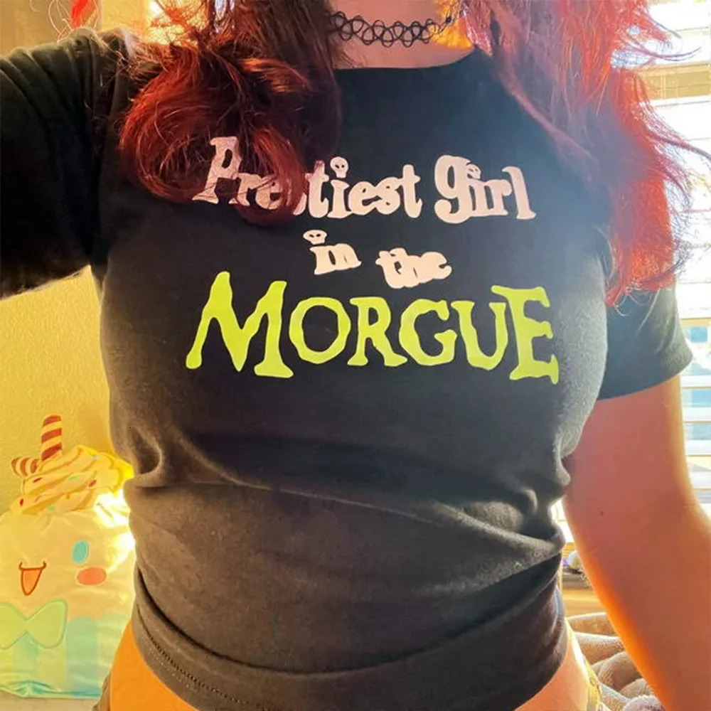 Prettiest in The Morgue Black Tees Summer Slim Cotton Sexy Crop Tops for Women Street Fashion Grunge Y2K T Shirts 250321