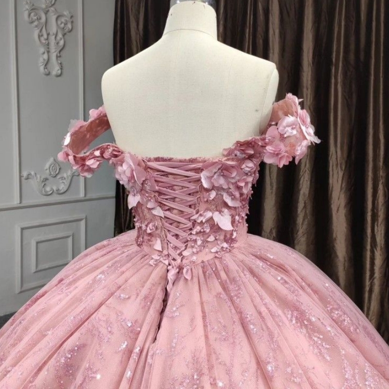 Pink Shiny Sweetheart Quinceanera Dresses Ball Gown 3D Flower Lace Appliques Beading Tull Birhtday Party Dress Lace Up Sweet 16 Dress Vestidos De 15 A