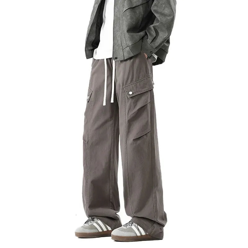 Men's Cotton Cargo Pants High Street Comfortable Loose Fit Wide Leg Pants Side Pockets Drawstring Waist Trousers Man Workwear 250321