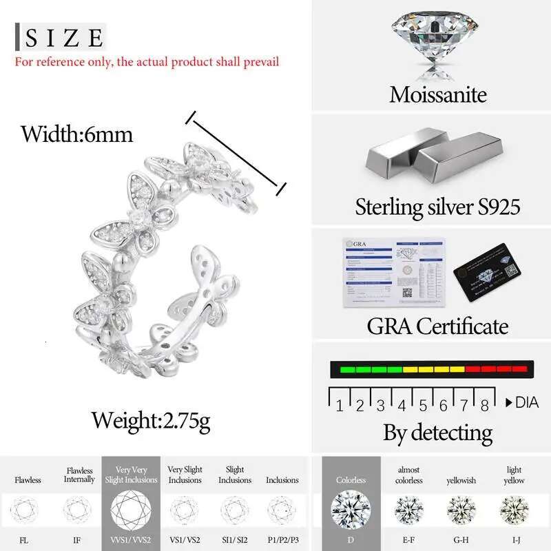 New 925 Sterling Silver Butterfly Open Finger Rings For Women Men Full Moissanite Diamonds Luxury Wedding Party Jewelry Gifts
