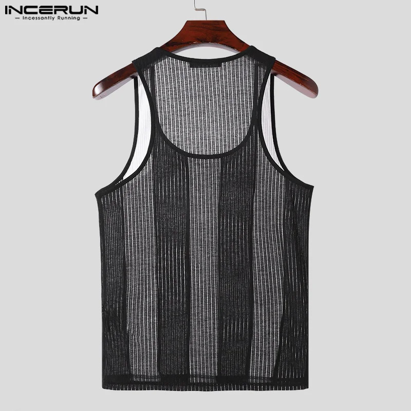 INCERUN Men Tank Tops Summer Sleeveless Fashion Transparent Tops Tee Men Clothing Streetwear Striped Chemise Oversized S-5XL250324