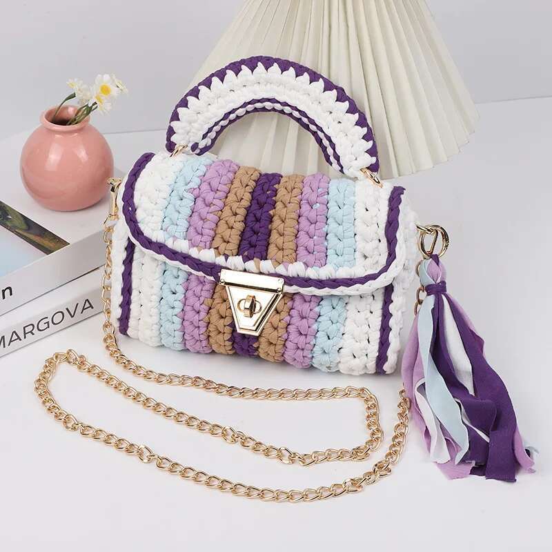 Women's Hot Selg Hand Crocheted Cloth Strip Woven Skew Cross Rainbow Color Shoulder Bag Designer Handbag