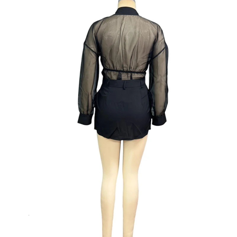 Wefads Two Piece Set Womens Clothes Sexy Fashion Solid Long Sleeve Lapel Transparent Mesh Top Mini A Line Skirt Sets Streetwear 250321