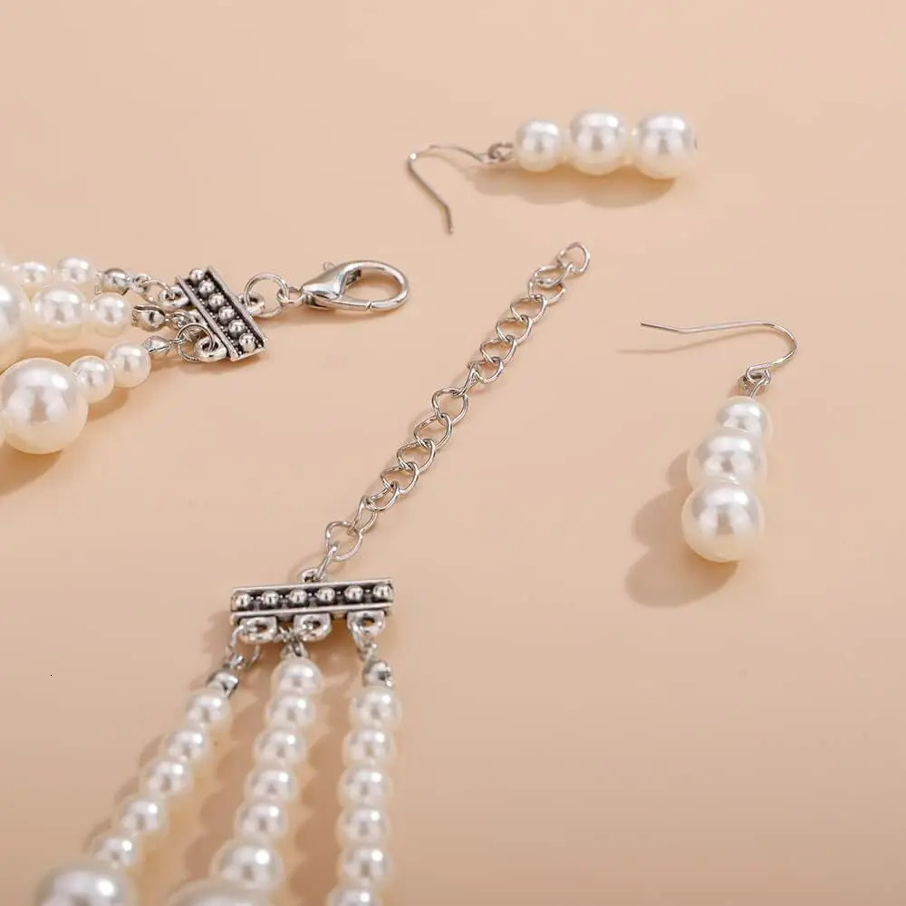 Trendy Multi-layer Handmade Imitation Pearl Rhinestone Flower Long Statement Necklace And Earring Jewelry Set For Women 250318
