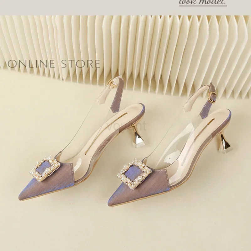 Wens Sandals 2024 Summer New Sle Fashion Shoes Black Satin Crystal Strass Poin Toe Transparent High H Z250326
