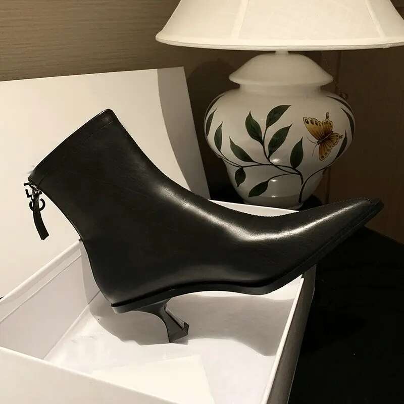 High Heel QUTAA Fashion Women Ankle Boots Sexy Autumn Winter Pointed Toe High Heels Genuine Leather Casual Black Shoes Size