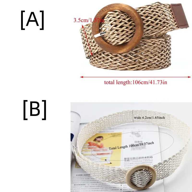 Woven waist belt black coffee womens belt retro Bohemian round wood smooth buckle fake straw wide belt womens belt W250326