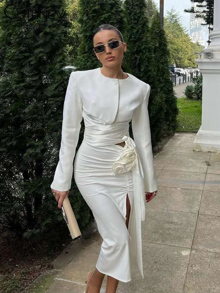 Cute Solid Fashion 2-piece Womens Unique Irregular Button Ruffle Bandage TopDecal Split Womens Elegant Set 250321