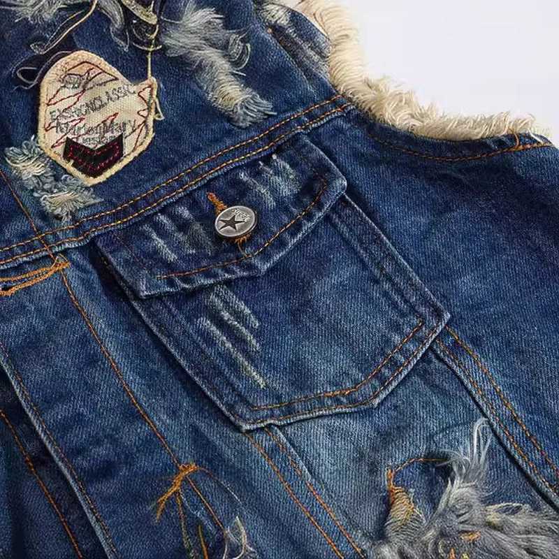Spring and summer mens denim vest fashion mens hip-hop patch hole waist jacket mens nightclub party jeans sleeveless jacket clothing T250326