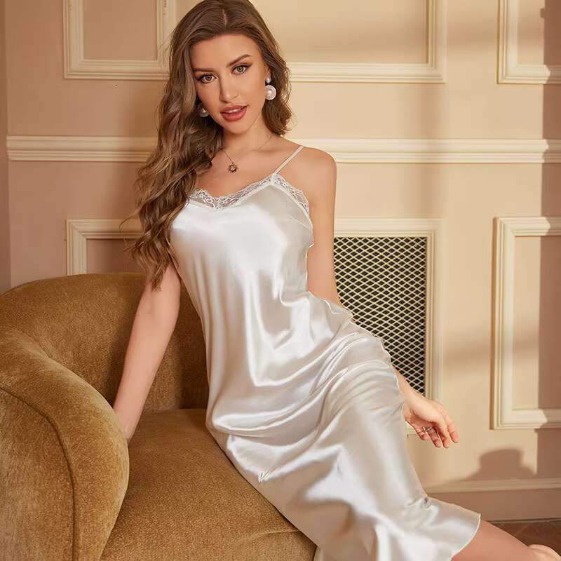 Elegant Solid Satin Pama Sexy V Neck Spaghetti Strap Nightdress Women's Sleepwear & Dresses 1 Piece Silk Dress