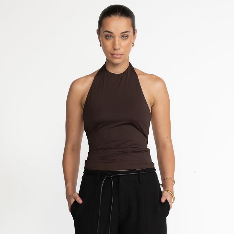 2025S Fashion Designer Y TP Women S Spring Summer New Style Sexy Hanging Neck Ring Backless T Shirt Top For Women