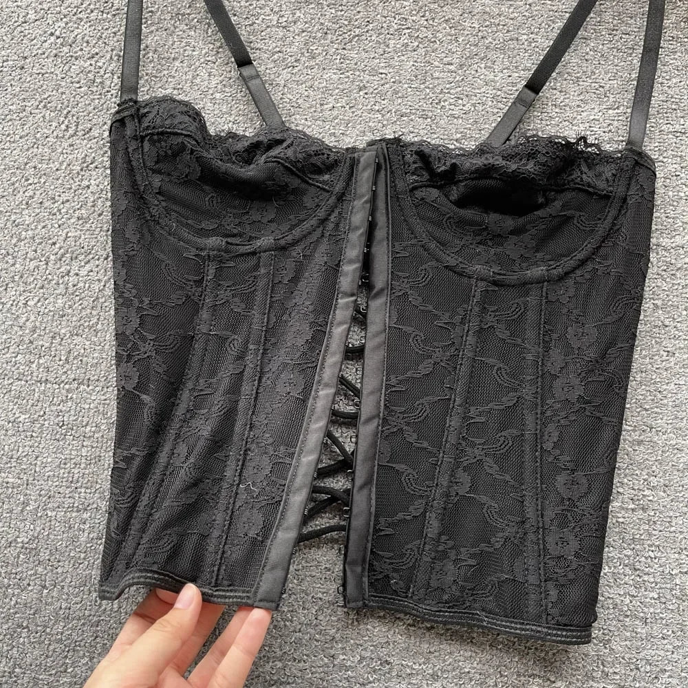 Sexy lace camas Korean fashion basic tight corset tight corset slim sweetheart vest solid color top womens summer streetwear y2k 250321