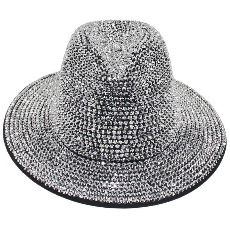Rhinestone Jazz Fedora Hats Wide Brim Cowboy Hat for Women Men Stage Performance Shiny Handmade Diamond Retro Felt Top Hat 250325