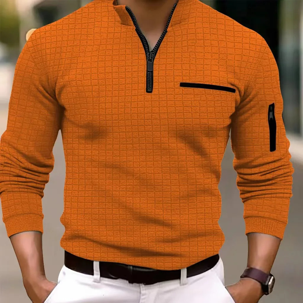 Spring and Autumn Mens Polo Shirt Solid Grid Flat Arm Zipper Fashion Breathable Sports Tshirt 250326