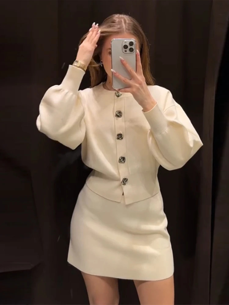Casual Knitted Matching Set Round Neck Puff Long Sleeve Cardigan Hip Set Mini Skirt Elegant Solid Womens Set 250321