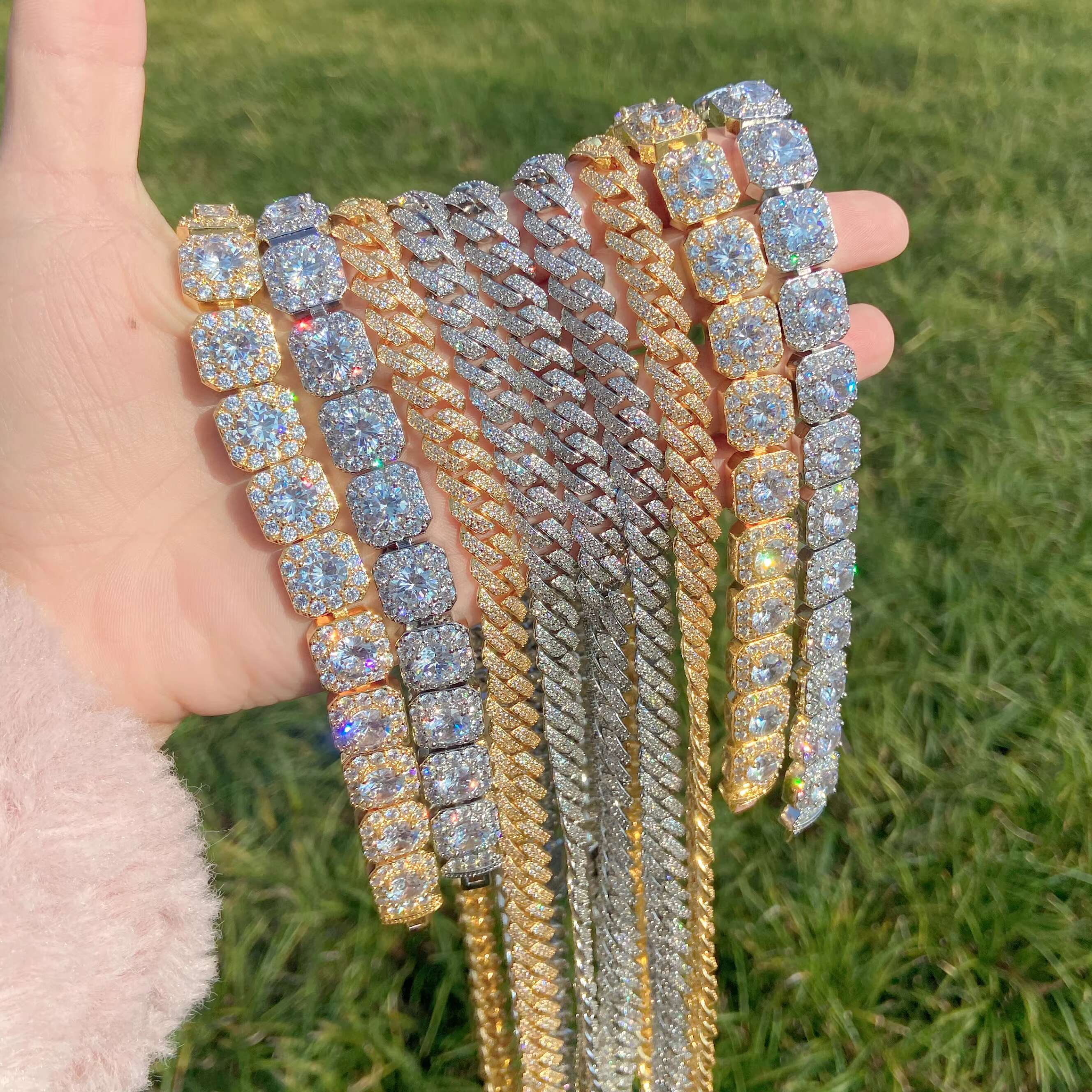 Trendy 10mm Box Buckle Diamond Necklace 18K Gold Plated Cuban Link Chain Unisex Brass Jewelry Zircon Stone Bulk for Men Women
