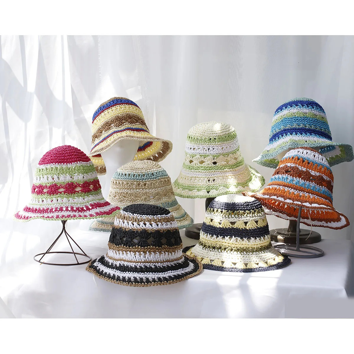 Handmade Rainbow woven womens sunscreen hat summer Japanese straw hat protective fashion breathable hollow beach sun hat 250326