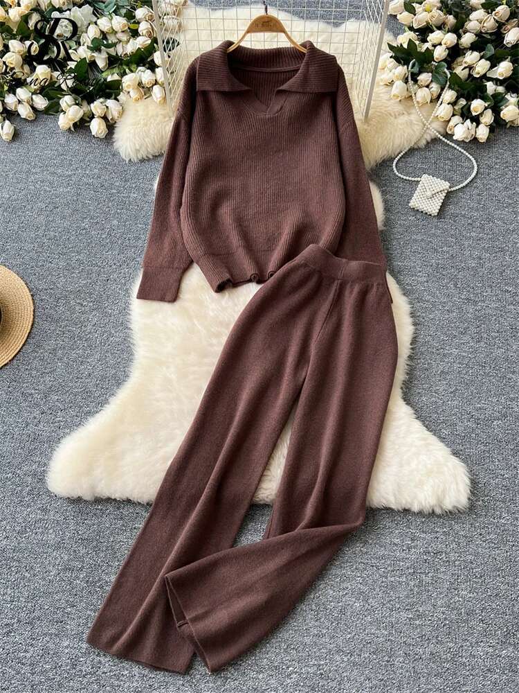 SINGREINY Autumn Casual Thick Suits Ladies Lapel Long Sleeve Loose Pullovers+High Waist Basics Wide Legs Pants Sweater 2Pcs Sets