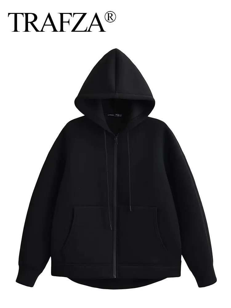 TRAFZA Autumn Women Gray With Hood Long Sleeve Big Pocket Zipper Jacket Woman Loose Casual Outerwear Coat Tops