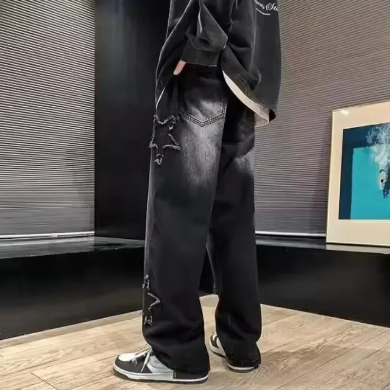 Stars Patchwork Mens Jeans Fashion Y2K Tassel Pants Korean Clothing Straight Hip Hop Splicing Street 250326