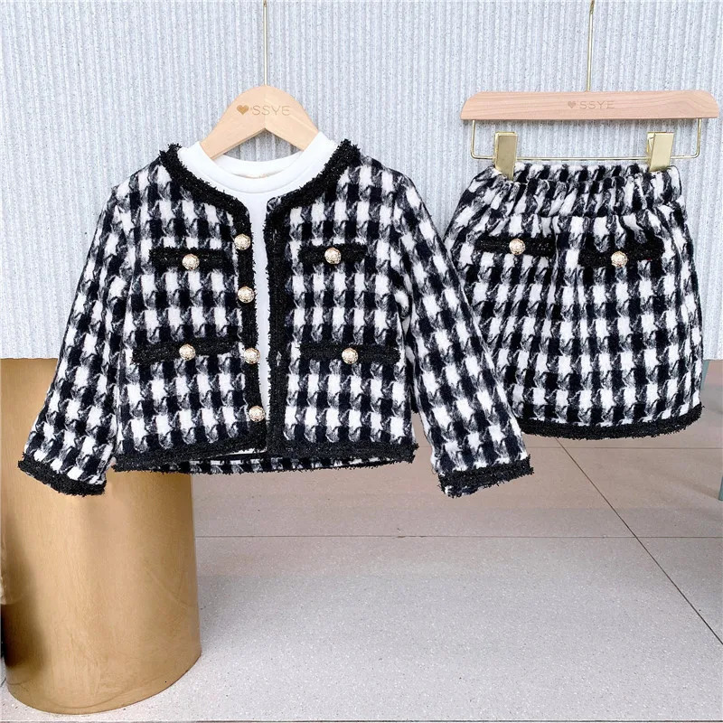 Tweed Kids Clothing Sets Spring Girls Elegant Small Plaid coat Skirt Two-piece Set Baby Dresses 250325