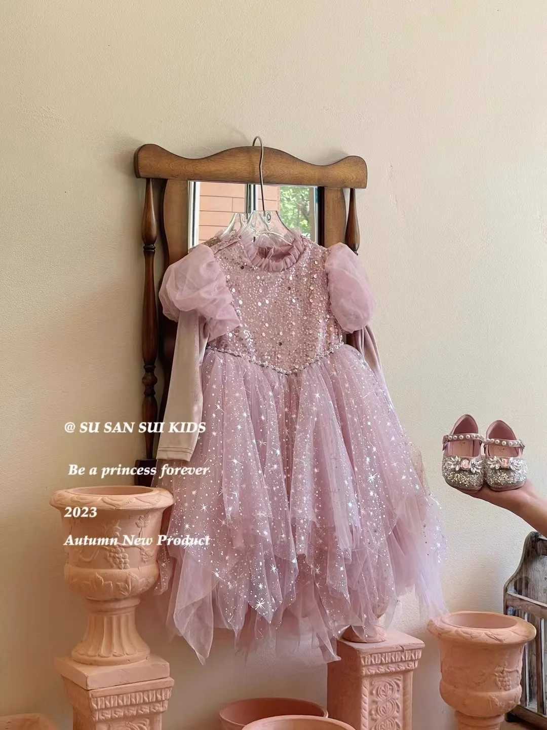 Princess Girl Autumn Dress Childrens Birthday Dress Romantic Flash Princess Elegant Dress Multi Color W250326