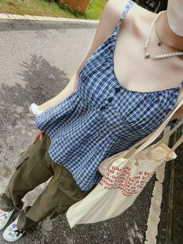 Casual womens fashionable blue front button plain printed Camis summer retro sleeveless womens fashion top 250321