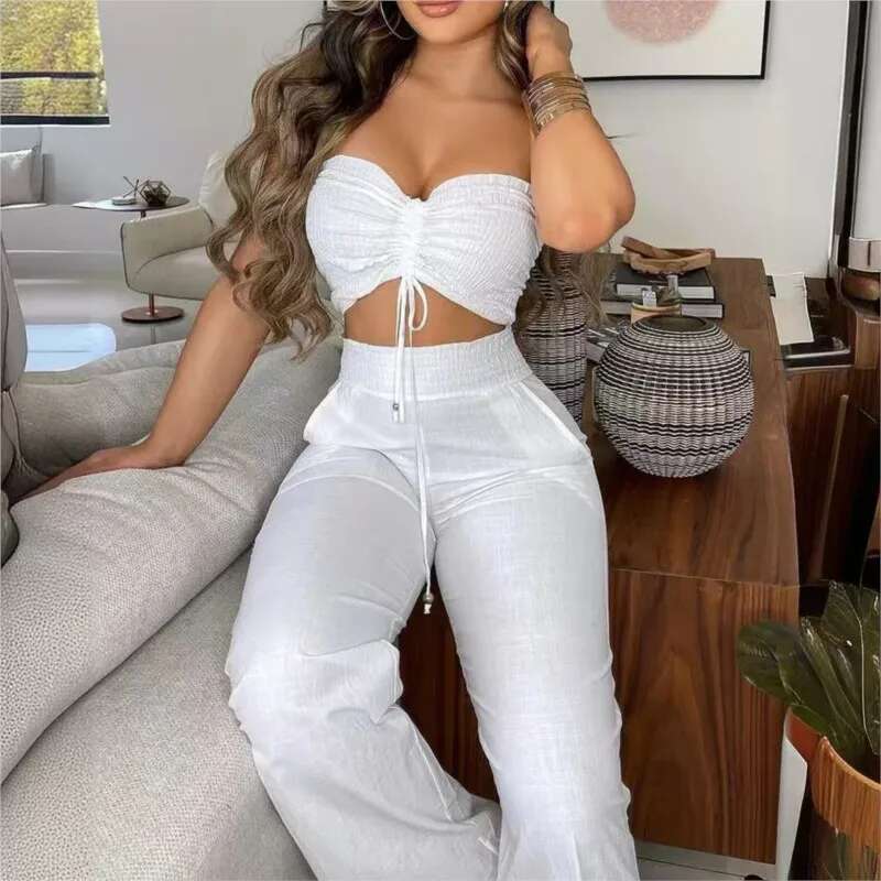 Sexy Women's 2-piece Sets Spring Summer White Waistless Slim-fitting Bandeau Wide-leg Trousers Fashion Suit Women Clothing