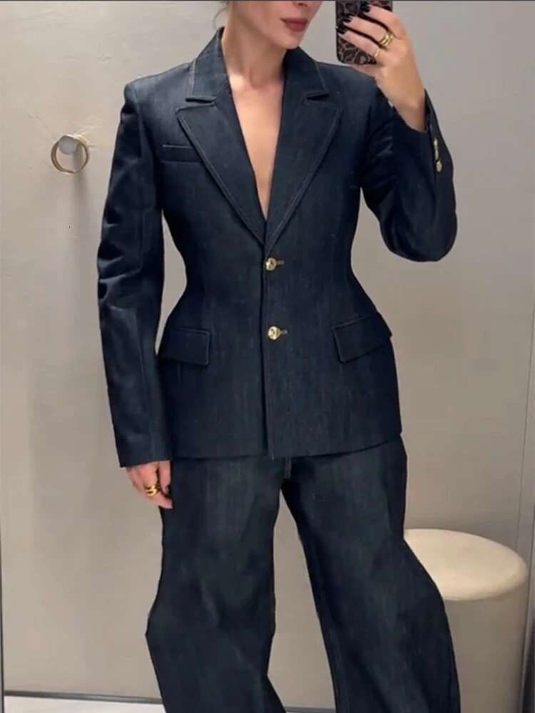 Denim Blazer Coat Tube Top Pants Sets 3 Pieces Women 2025 Spring Notched Button Up Jacket Vest Wide Leg Trousers Suits