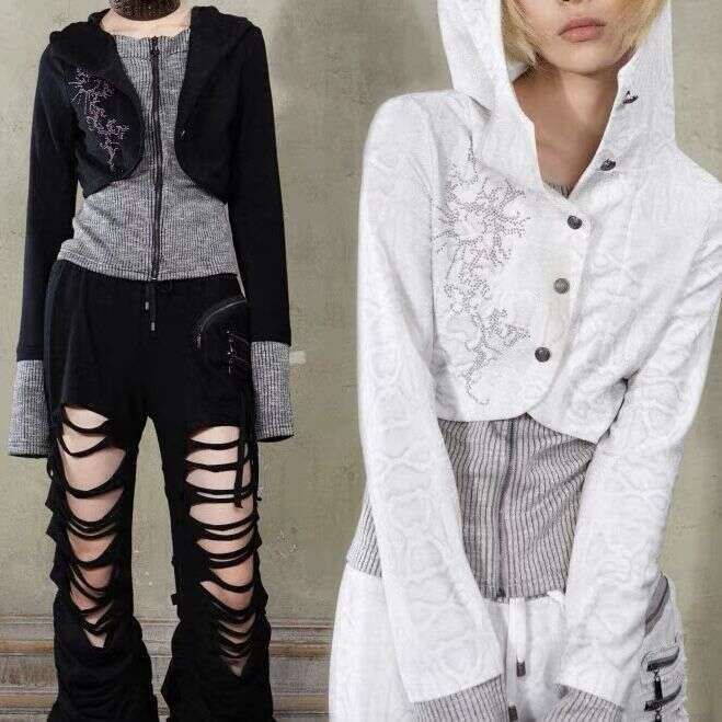 Autumn New Hooded Autumn Knitted Y2k Top Niche Punk Slim Fit Cardigan Long Sleeved Patchwork Sweatshirt