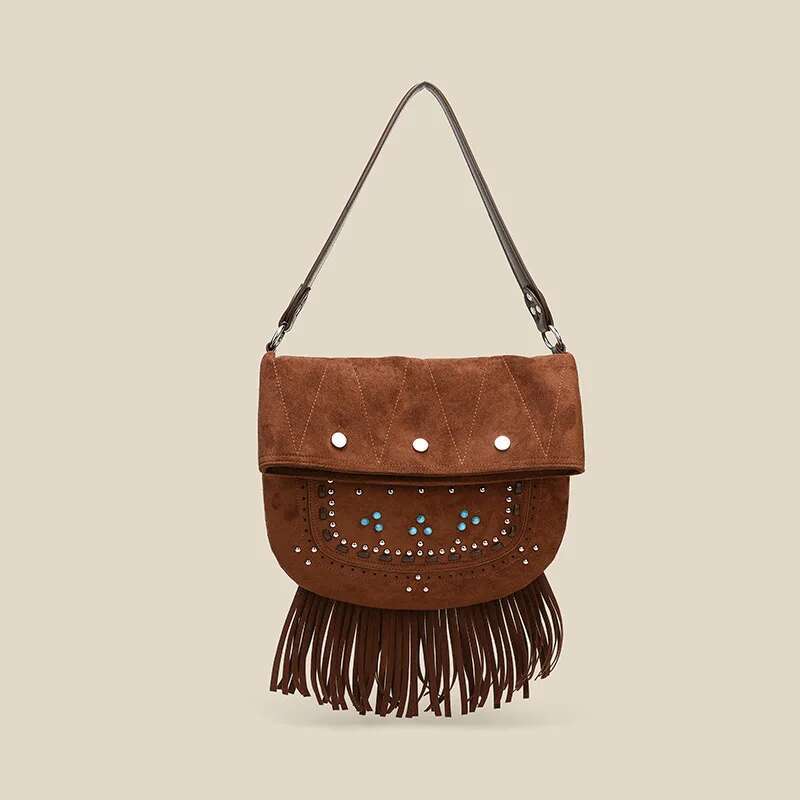 2025 New Retro Women's Bohemian Faux Suede Fabric Hollow Handbag Multifunctional Frosted Willow Nail Tassel Shoulder Underarm Ba