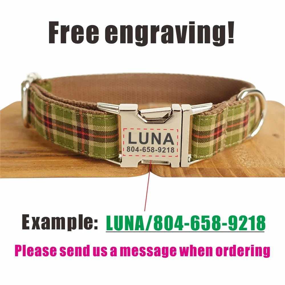 Personalized pet collar customized name ID tag adjustable soft brown set regular cat and dog collar lead strap X250326