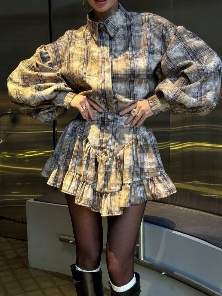 Womens fashion printed plain pleated mini leather waist long lantern sleeve shirt set 2025 womens high street jacket 250318