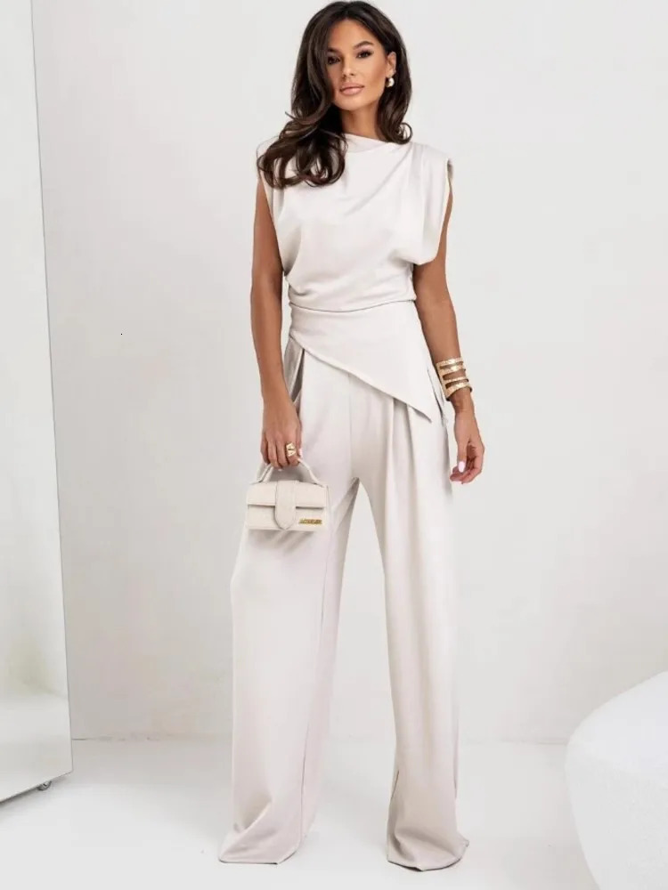Summer fashion solid two-piece set for women elegant ultra-thin office clothes casual irregular top wide leg pants 2-piece set for women 250320