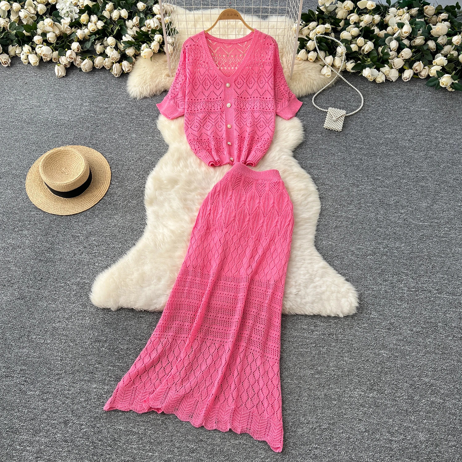 Two piece set Hook flower hollow Knit lool sleeve Dress Fashion Vestidos Slim Party Summer sweet Dresses 250324
