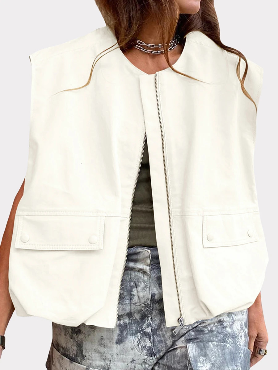 Womens Zip Up Vest Fashionable Jacket Sleeveless Solid Color Oversized Jacket Tops Loose Fit Summer Tops 250320