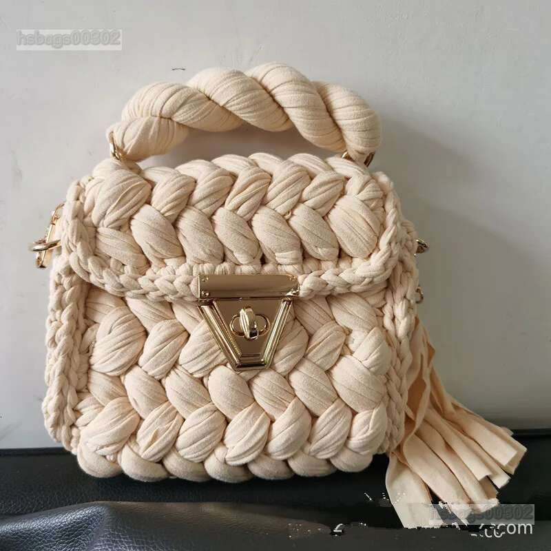 Women's BAG Beige Solid Color Fabric Crochet Bag SQUARE Tassel Shoulder Diagonal Crossbags For Women Designer Handbag
