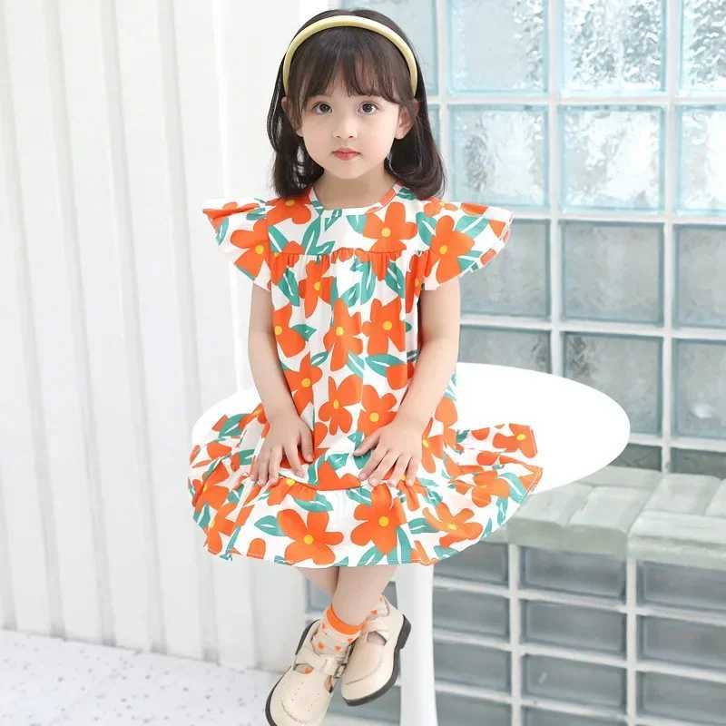 Girl Dresses100% Cotton Childrens Clothing Summer Kids Clothes Girls For Princess Fashion Outfit Flower Pattern Beach Dresses W250326