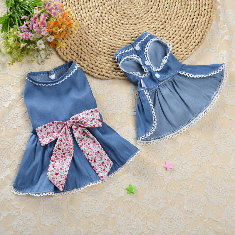 Dog Bowknot Dresses Puppy Clothes Summer Princess Pet Dresses Girl Female Doggie Soft Breathable Denim Tutu Skirt Apparel for Chihuahua Yorkies Pup Ca
