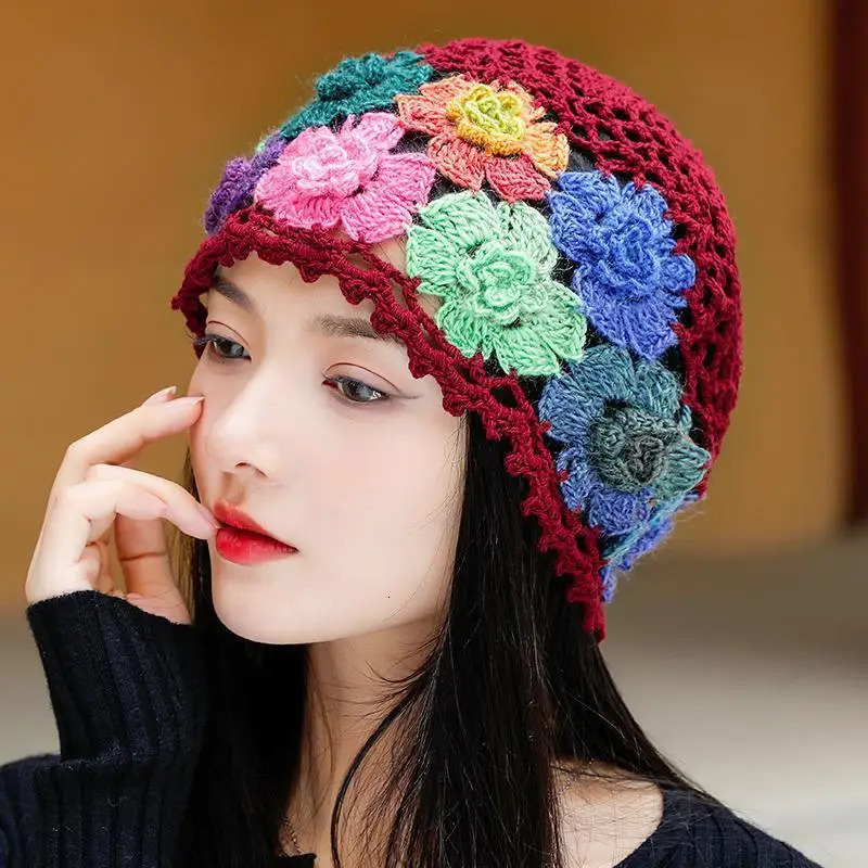 Japanese Spring Summer Literary and Artistic Colorful Flower Hollow Bag Head Hat Women Sweet Fashion Hand-crocheted Beanie Cap 250321