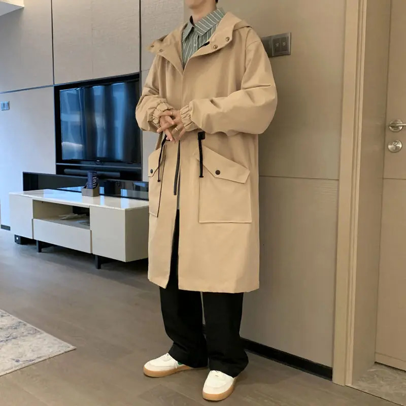 Spring and autumn solid color hooded long sleeved fashionable windproof mens high street casual loose button cardigan 250324