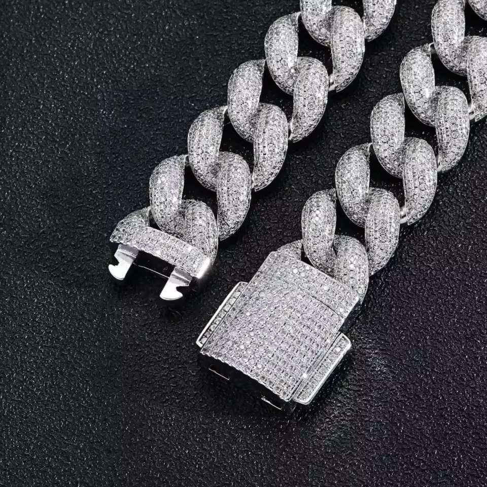 18mm Iced Out Cuban Link Chain 18K White Gold Plated Bling Moissanite Diamond Chain Available at Affordable Prices