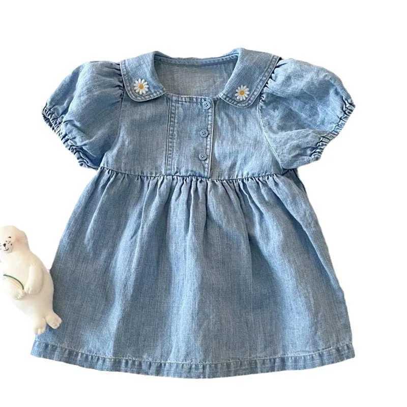 New Summer Girl Dress Campus Dress Flower Embroidered Collar Ruffle Dress Childrens Girls Bubble Short Sleeve Girls Cowboy Dress W250326