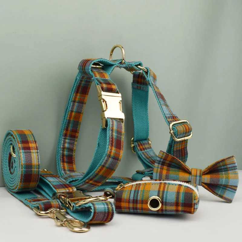 High quality custom design cotton pet accessories personalized dog collar belt harness bow set manufacturer grid 13-02 X250326