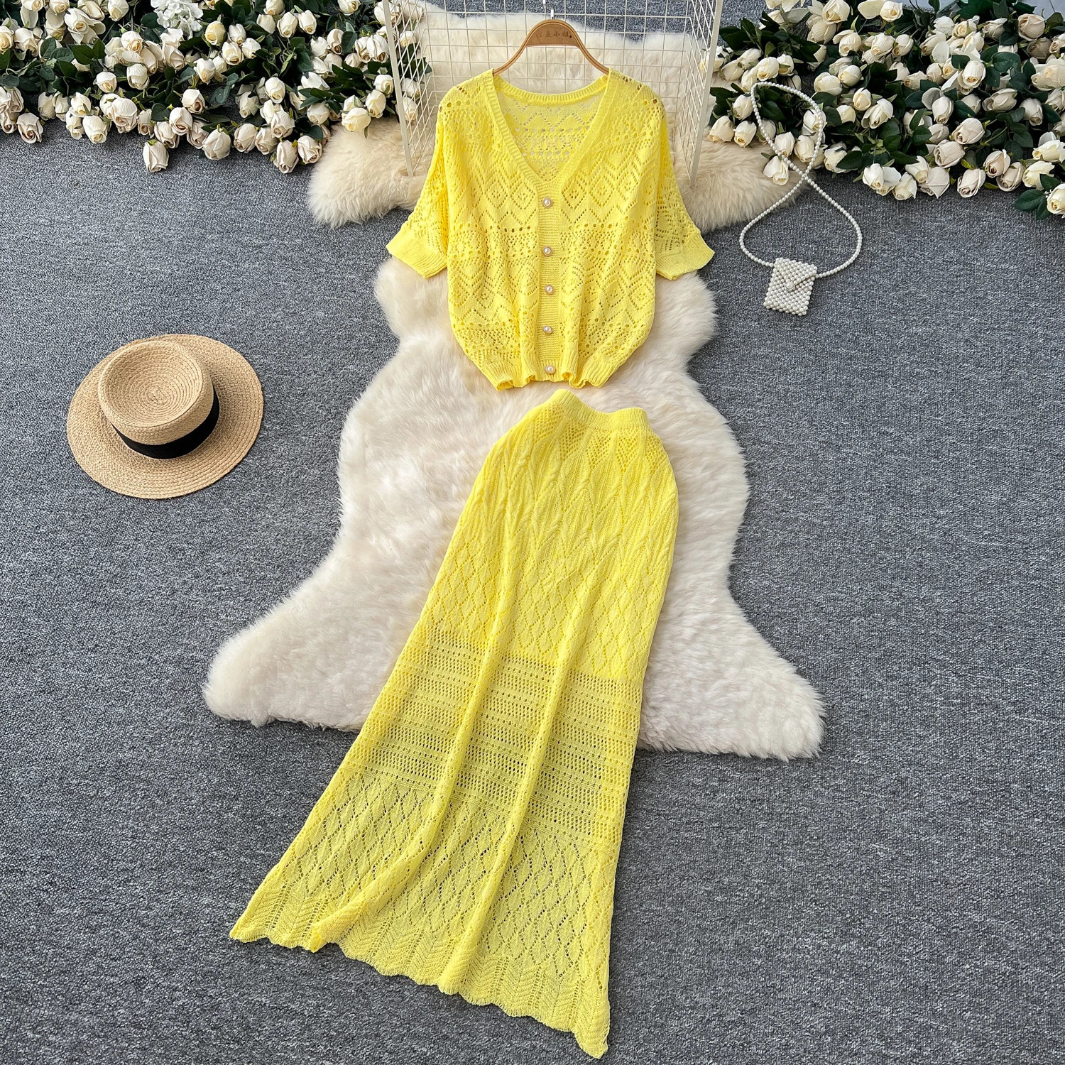 Two piece set Hook flower hollow Knit lool sleeve Dress Fashion Vestidos Slim Party Summer sweet Dresses 250324