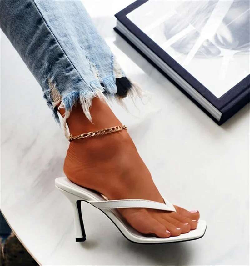 Stylish Women's Heel Flip Ps Black High Heels White Sandals Women Mules Slippers Ladies Summer Shoes 36-42 Calzado Mujer