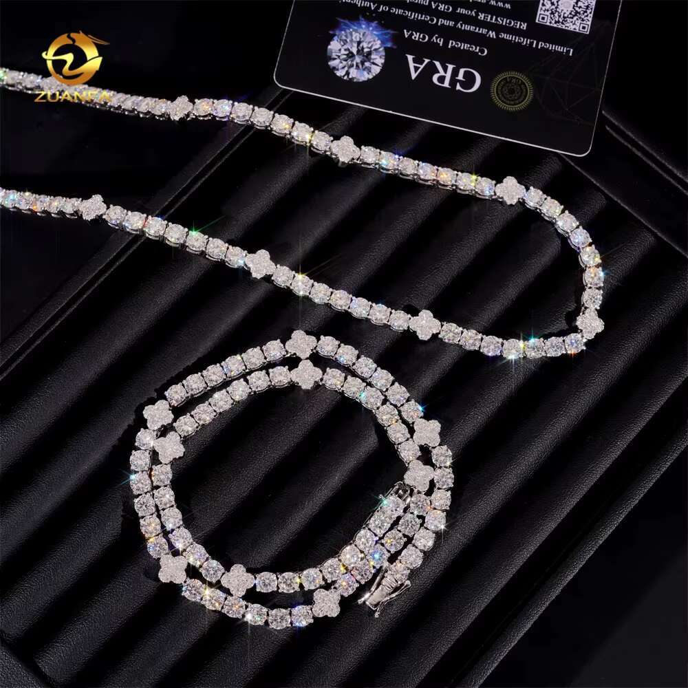 New Arrivals Hip Hop Clover Design 5mm Iced Out 925 Sterling Silver D Color Moissanite Tennis Chain Necklace